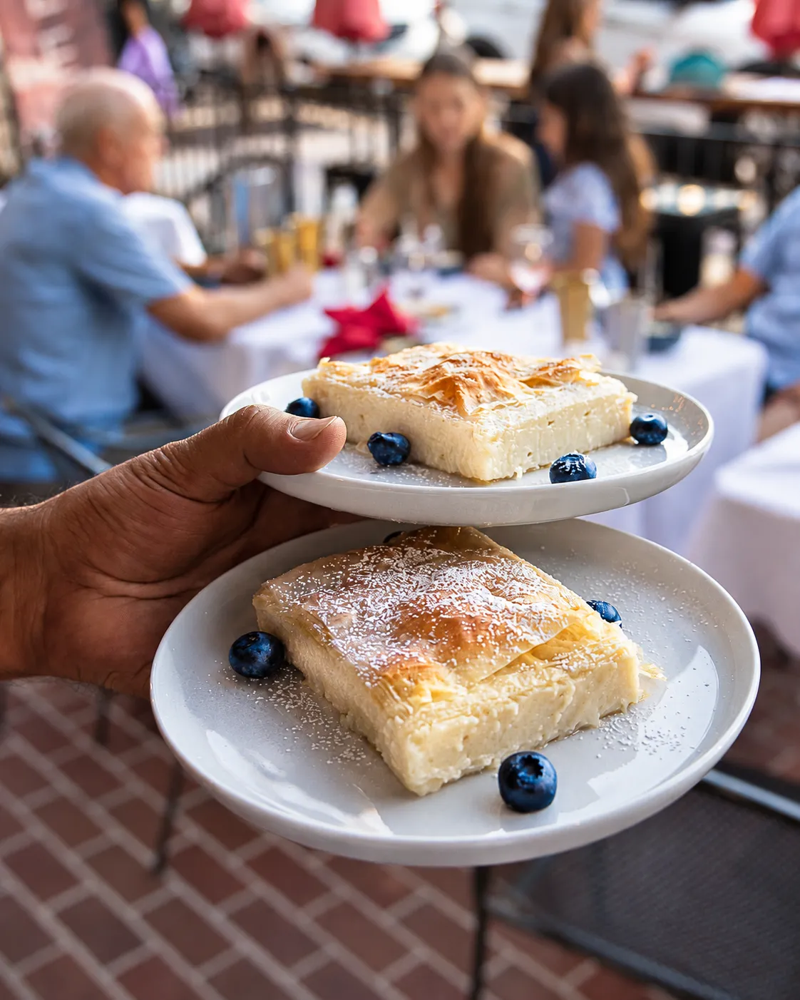 A slice of custard pastry dusted with powdered sugar, plated with fresh blueberries